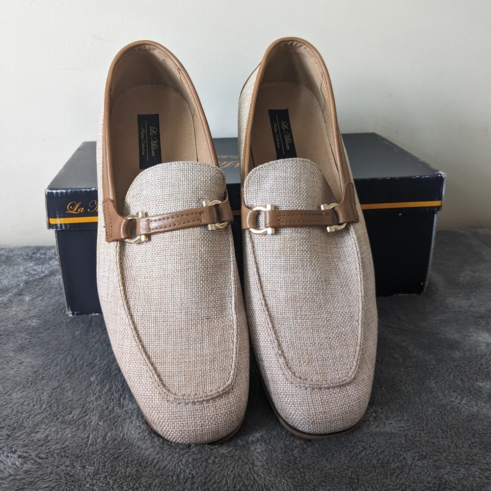 La Duca Beige Linen-Style Bit Loafers for Men